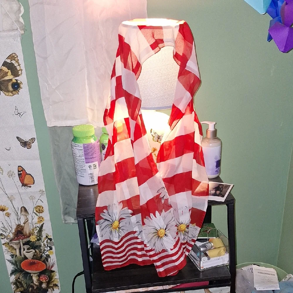 Red and White Checkered Scarf with Daisy Print